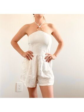Old Navy White Linen Romper with Halter Neck Ring Detail